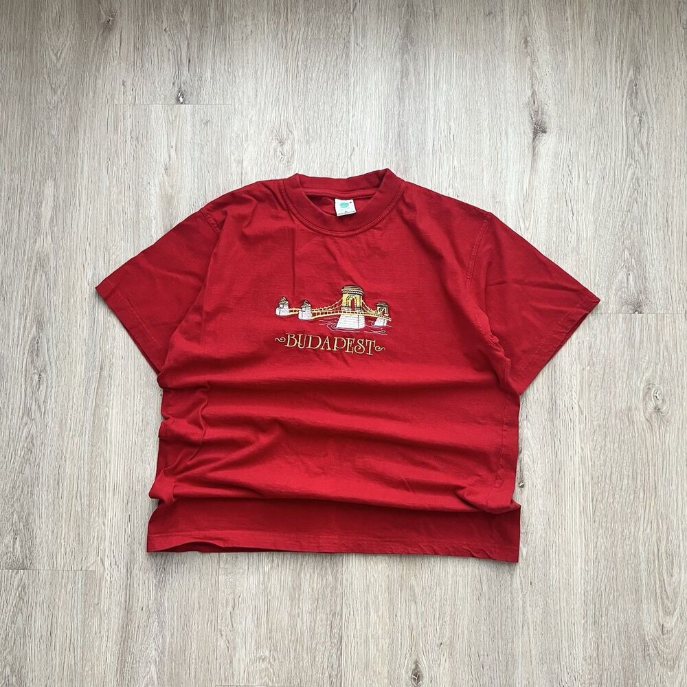 Vintage Budapest Souvenir T-Shirt Mens XL Red Embroidered Bridge Logo Travel Tee